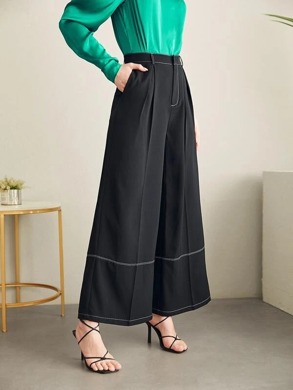 CM-BS232478 Women Elegant Seoul Style Top-Stitching Fold Pleated Wide Leg Pants