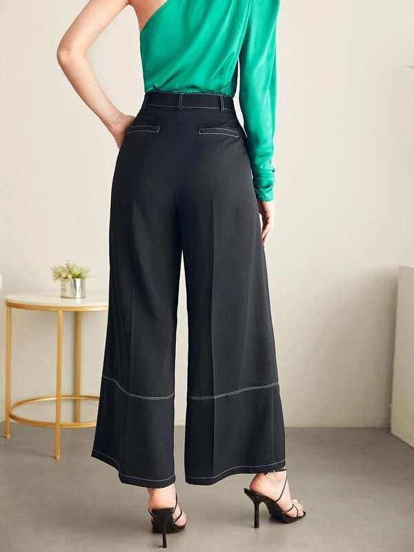 CM-BS232478 Women Elegant Seoul Style Top-Stitching Fold Pleated Wide Leg Pants