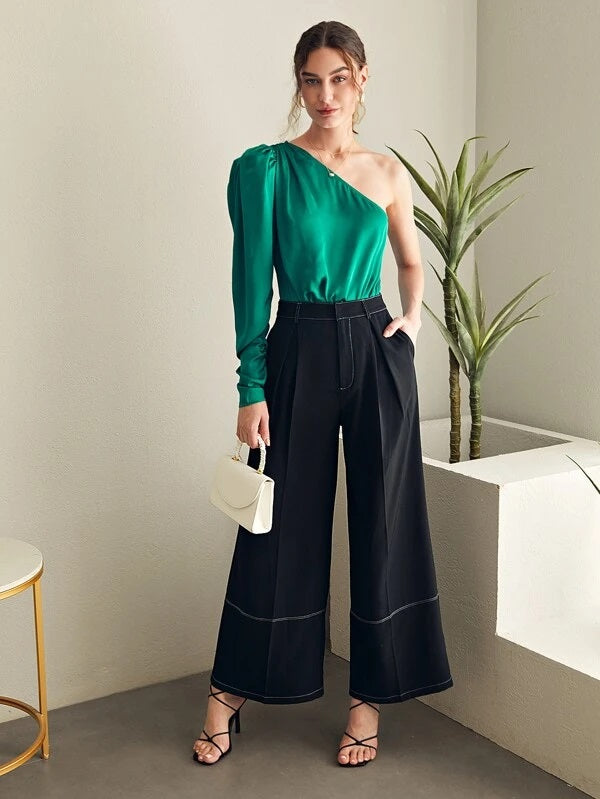 CM-BS232478 Women Elegant Seoul Style Top-Stitching Fold Pleated Wide Leg Pants