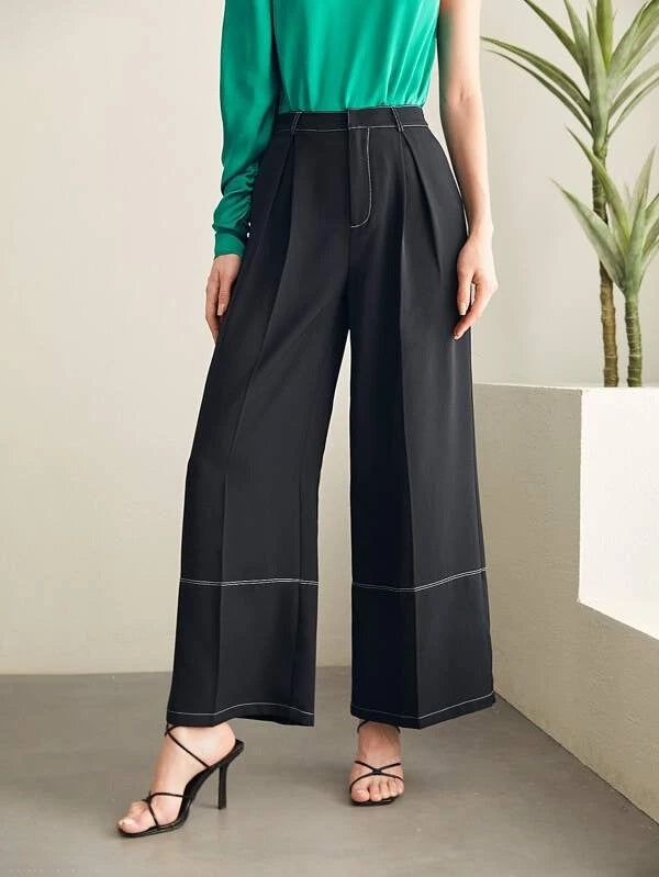 CM-BS232478 Women Elegant Seoul Style Top-Stitching Fold Pleated Wide Leg Pants