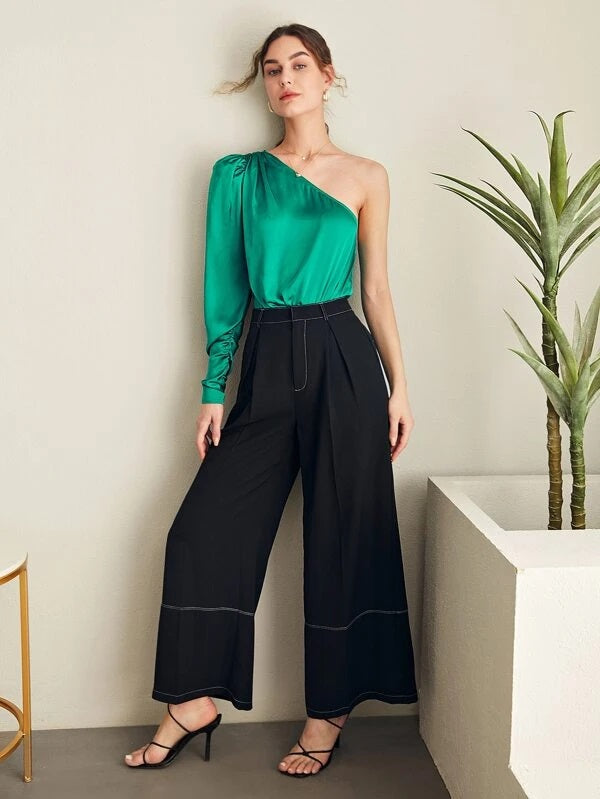 CM-BS232478 Women Elegant Seoul Style Top-Stitching Fold Pleated Wide Leg Pants