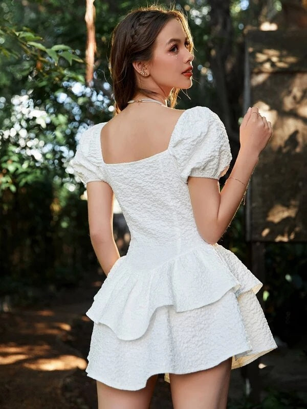 CM-DS467448 Women Elegant Seoul Style Layered Hem Puff Sleeve Dress - White