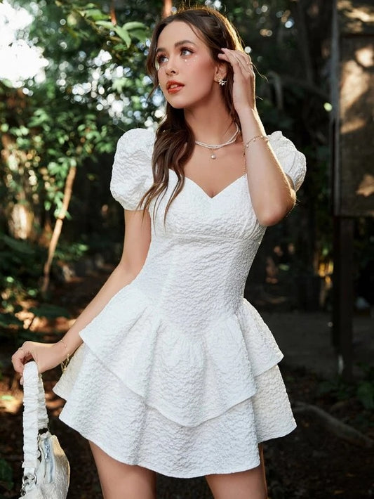 CM-DS467448 Women Elegant Seoul Style Layered Hem Puff Sleeve Dress - White