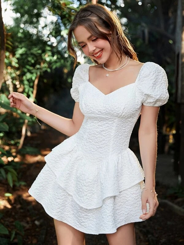 CM-DS467448 Women Elegant Seoul Style Layered Hem Puff Sleeve Dress - White