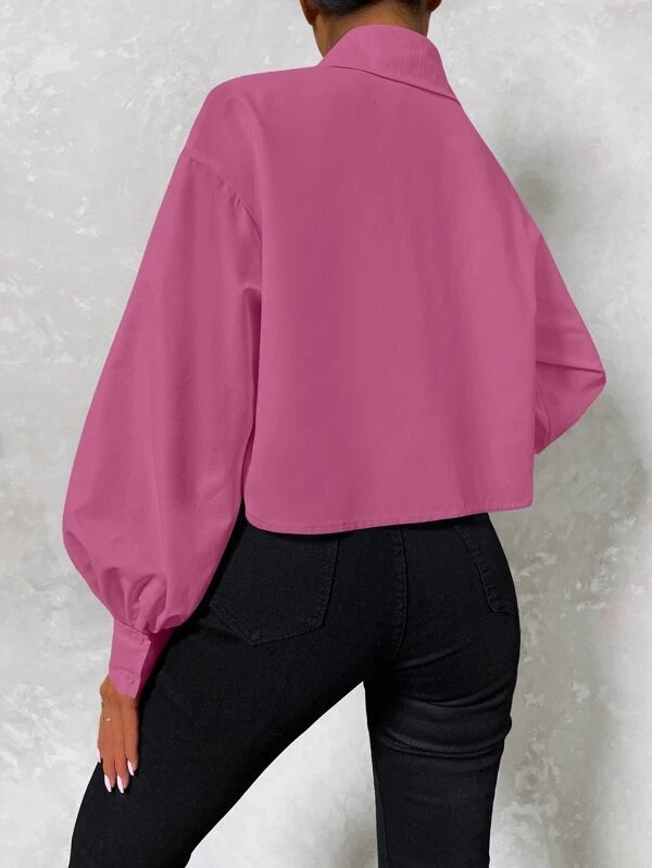 CM-TS173570 Women Casual Seoul Style Lantern Sleeve High Low Longline Blouse - Pink