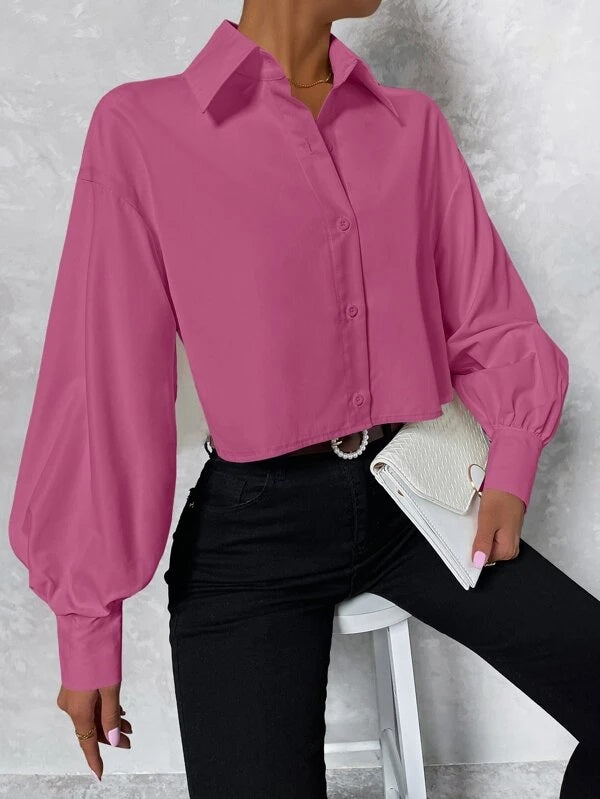 CM-TS173570 Women Casual Seoul Style Lantern Sleeve High Low Longline Blouse - Pink