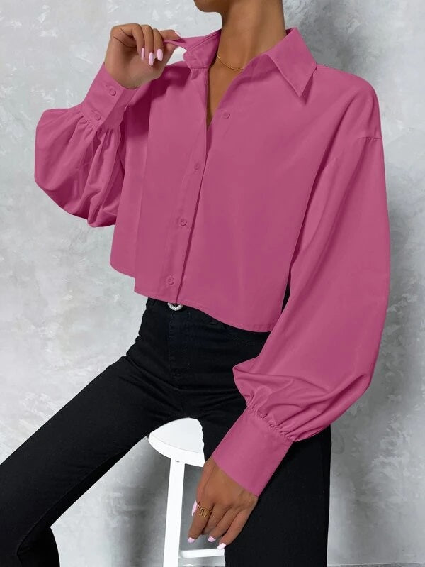 CM-TS173570 Women Casual Seoul Style Lantern Sleeve High Low Longline Blouse - Pink