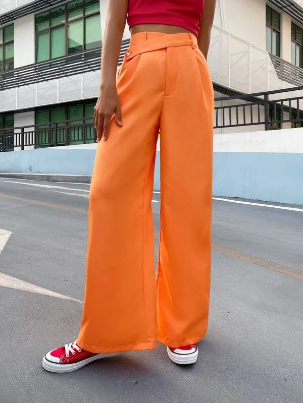 CM-BS828586 Women Casual Seoul Style High Waist Wide Leg Button Pants - Orange