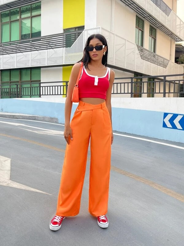 CM-BS828586 Women Casual Seoul Style High Waist Wide Leg Button Pants - Orange