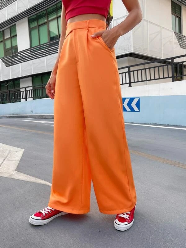 CM-BS828586 Women Casual Seoul Style High Waist Wide Leg Button Pants - Orange