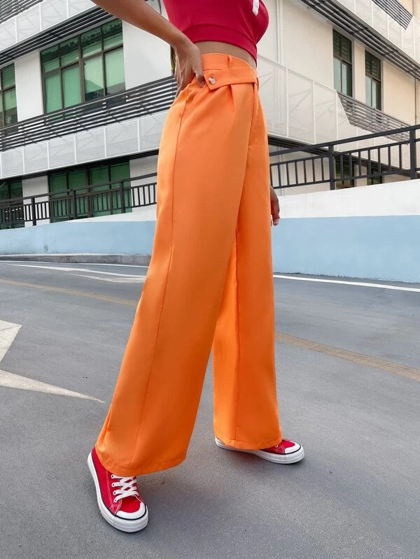 CM-BS828586 Women Casual Seoul Style High Waist Wide Leg Button Pants - Orange