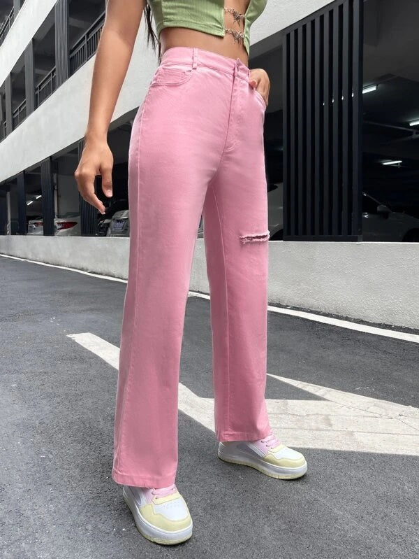 CM-BS107155 Women Casual Seoul Style Solid Ripped Straight Leg Pants - Pink