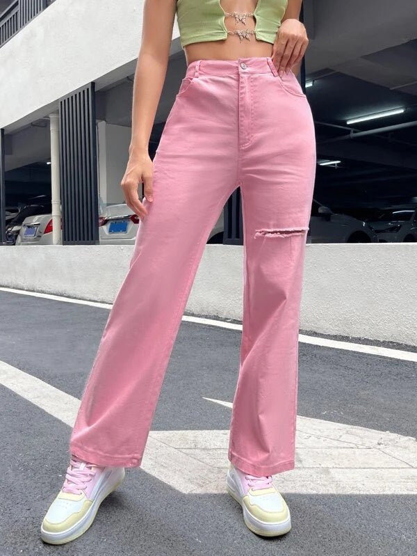 CM-BS107155 Women Casual Seoul Style Solid Ripped Straight Leg Pants - Pink