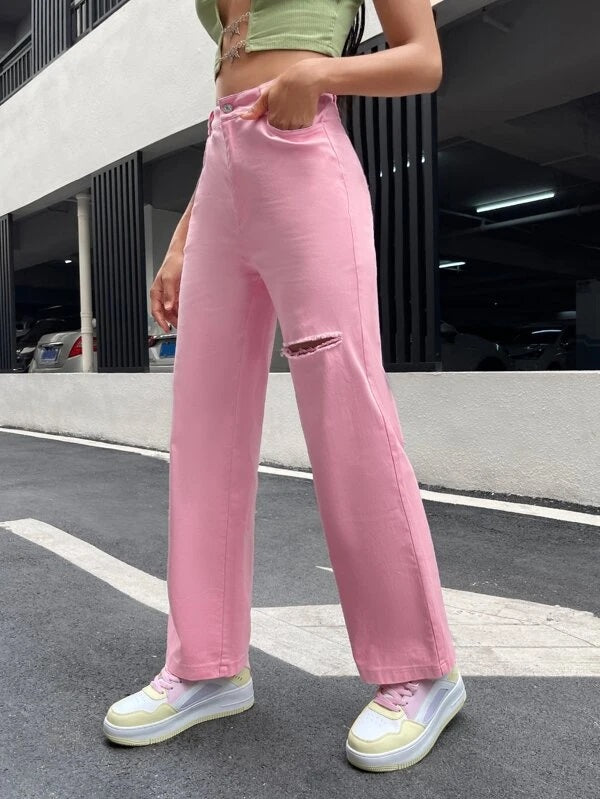 CM-BS107155 Women Casual Seoul Style Solid Ripped Straight Leg Pants - Pink