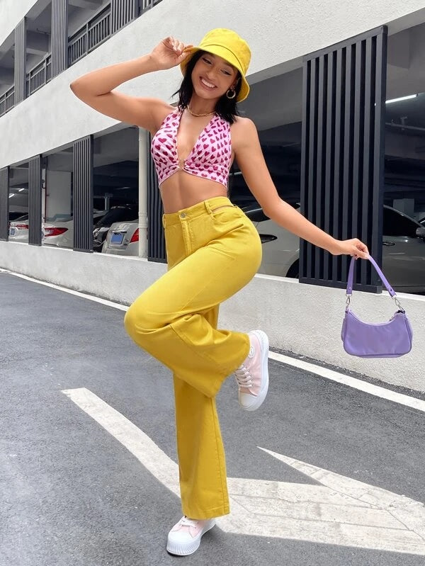 CM-BS922919 Women Casual Seoul Style High Waist Solid Wide Leg Pants - Yellow