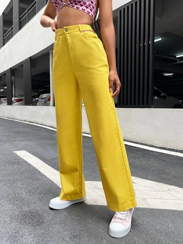 CM-BS922919 Women Casual Seoul Style High Waist Solid Wide Leg Pants - Yellow