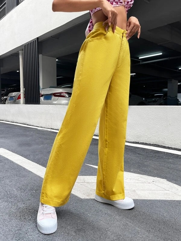 CM-BS922919 Women Casual Seoul Style High Waist Solid Wide Leg Pants - Yellow