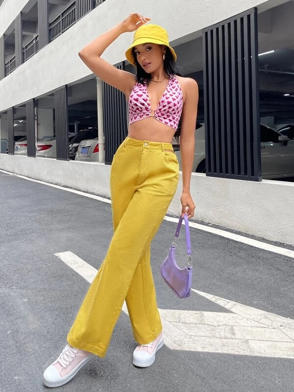 CM-BS922919 Women Casual Seoul Style High Waist Solid Wide Leg Pants - Yellow