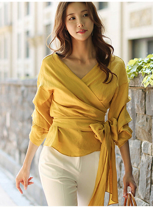 CM-TF072614 Women Trendy Seoul Style Tying Waist Puff Sleeve Top - Yellow