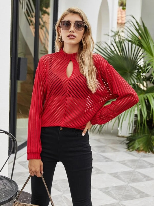 CM-TS888228 Women Casual Seoul Style Shadow Striped Sheer Cut-Out Top - Red