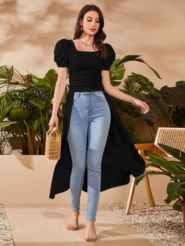 CM-TS495930 Women Elegant Seoul Style Square Neck Puff Sleeve High Low Top - Black