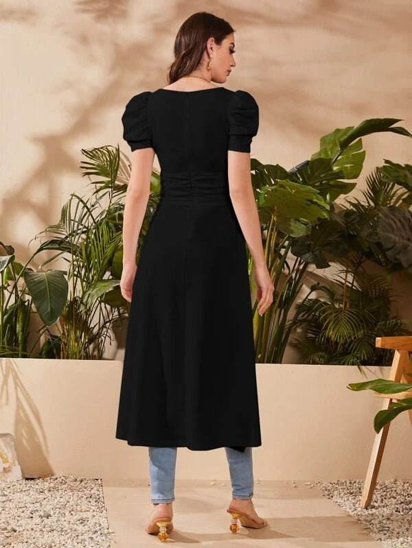 CM-TS495930 Women Elegant Seoul Style Square Neck Puff Sleeve High Low Top - Black