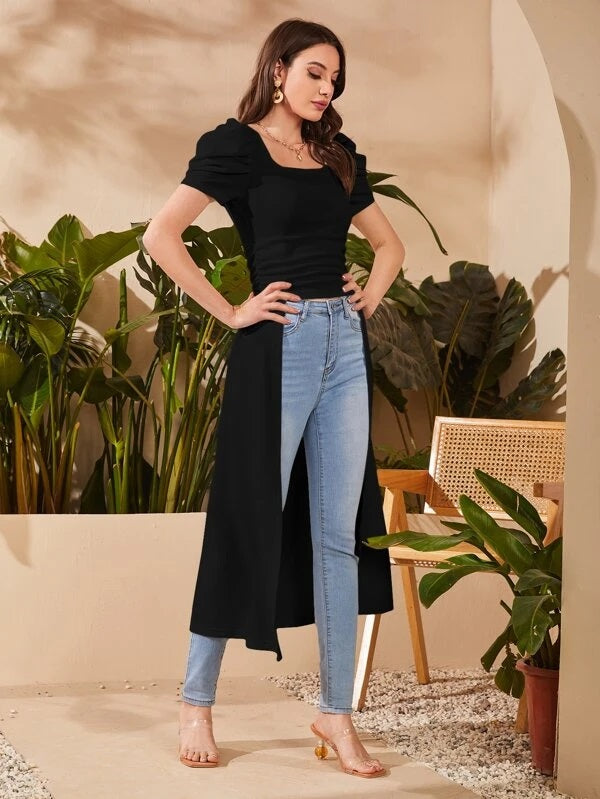 CM-TS495930 Women Elegant Seoul Style Square Neck Puff Sleeve High Low Top - Black