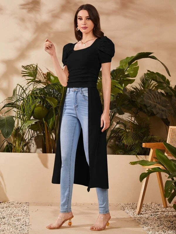 CM-TS495930 Women Elegant Seoul Style Square Neck Puff Sleeve High Low Top - Black