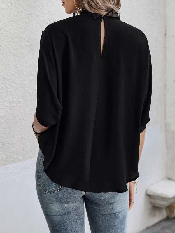CM-TS515569 Women Elegant Seoul Style Contrast Lace Panel Batwing Sleeve Blouse - Black