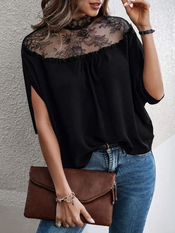 CM-TS515569 Women Elegant Seoul Style Contrast Lace Panel Batwing Sleeve Blouse - Black