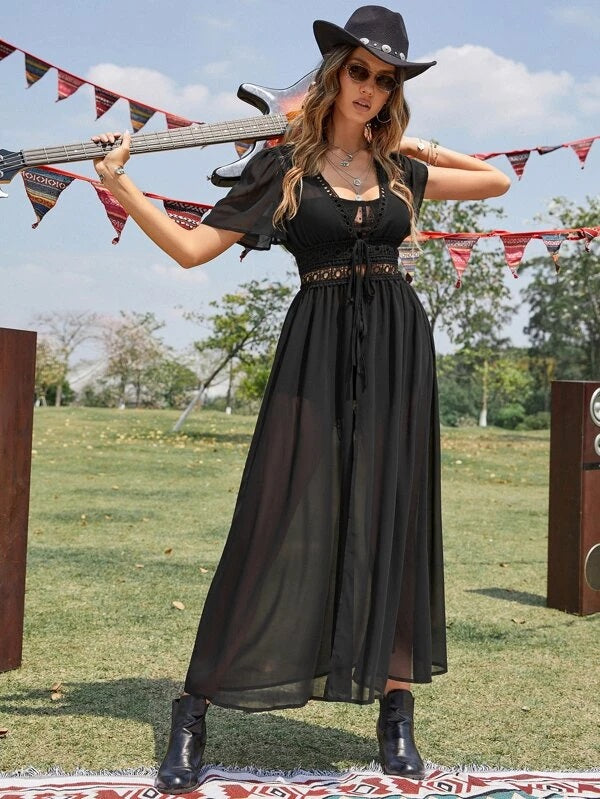 CM-SWS190494 Women Trendy Seoul Style Eyelet Embroidery Tie Front Kimono - Black