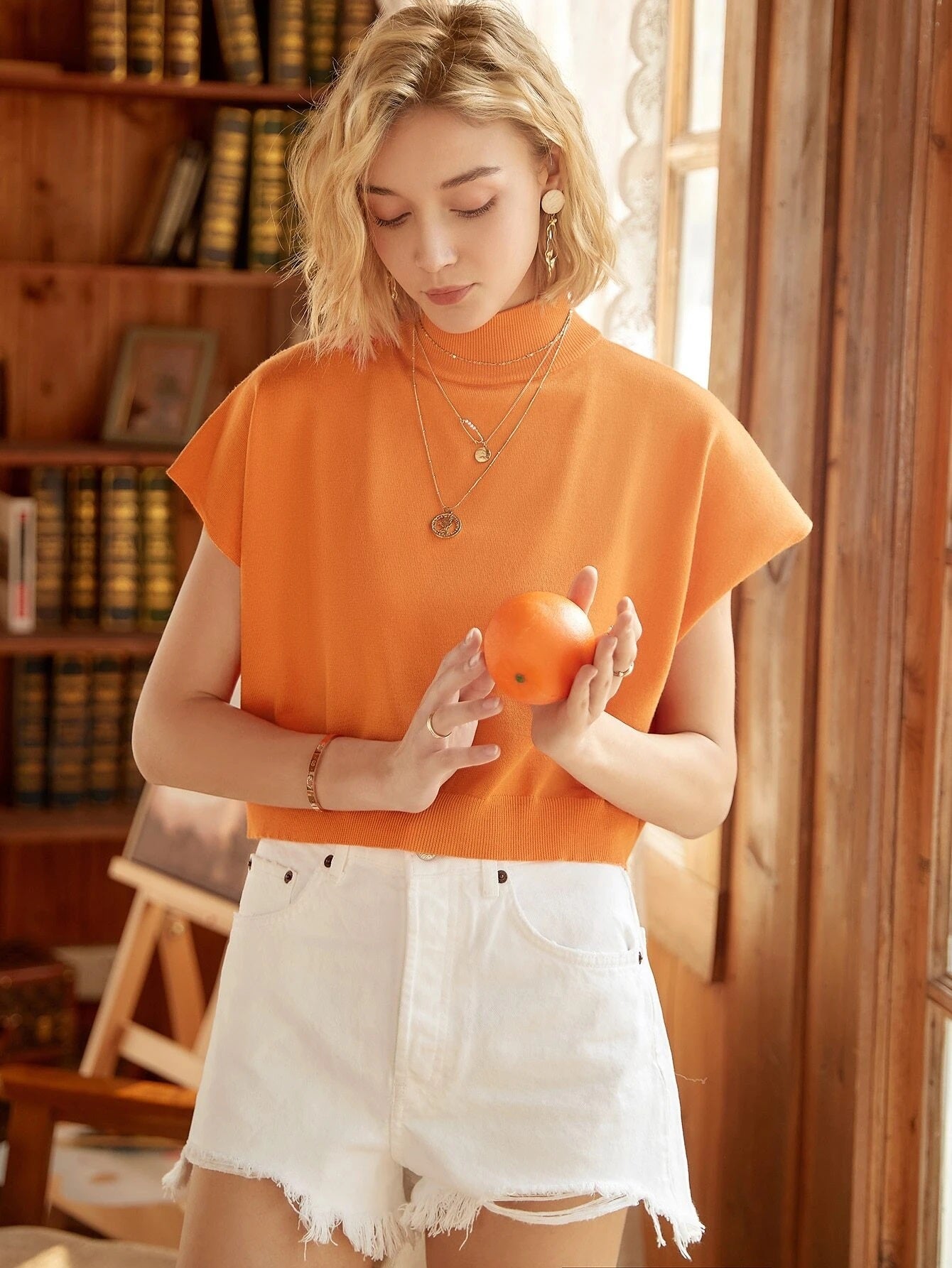 CM-TS321112 Women Casual Seoul Style Knit Mix High Neck Batwing Sleeve Knit Top - Orange