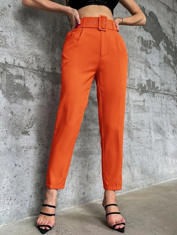 CM-BS589982 Women Elegant Seoul Style High Waist Solid Belted Tapered Pants - Orange