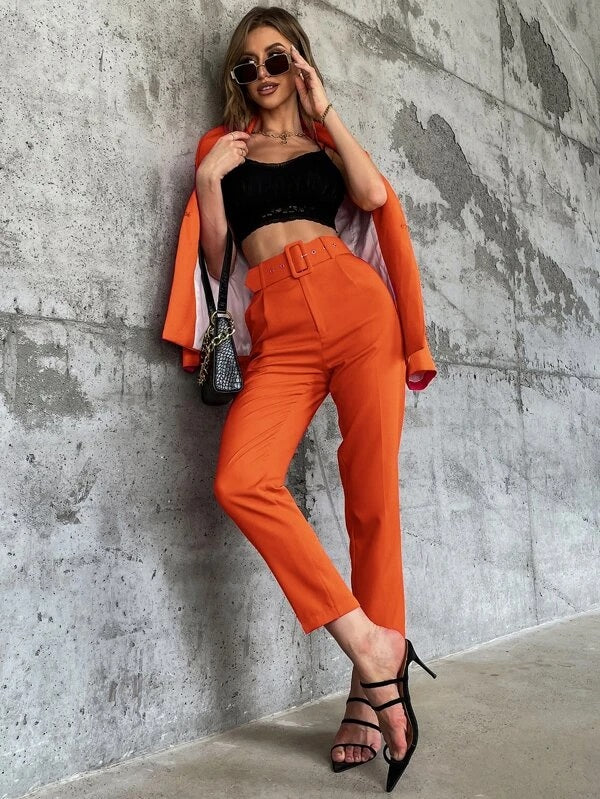 CM-BS589982 Women Elegant Seoul Style High Waist Solid Belted Tapered Pants - Orange