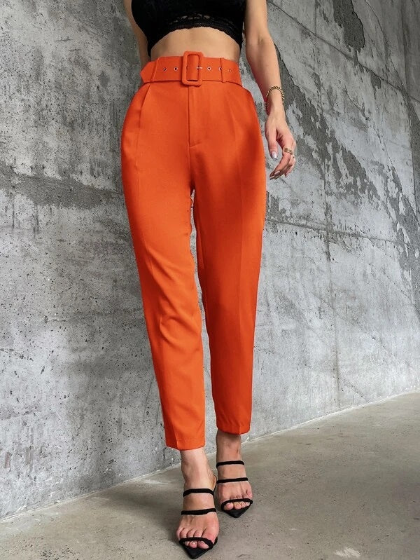 CM-BS589982 Women Elegant Seoul Style High Waist Solid Belted Tapered Pants - Orange