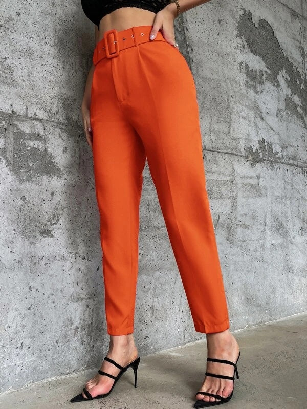 CM-BS589982 Women Elegant Seoul Style High Waist Solid Belted Tapered Pants - Orange