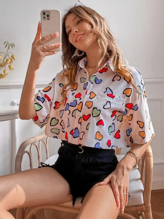 CM-TS014644 Women Casual Seoul Style Heart Print Drop Shoulder Blouse