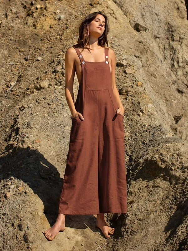 CM-JS249119 Women Casual Seoul Style Sleeveless Pocket Front Overalls - Rust Brown