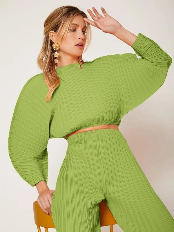 CM-TS411611 Women Casual Seoul Style Solid Batwing Sleeve Ribbed Knit Blouse - Green