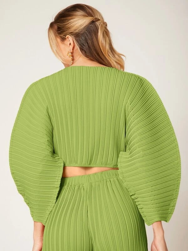 CM-TS411611 Women Casual Seoul Style Solid Batwing Sleeve Ribbed Knit Blouse - Green