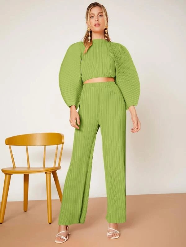 CM-TS411611 Women Casual Seoul Style Solid Batwing Sleeve Ribbed Knit Blouse - Green