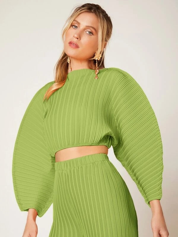 CM-TS411611 Women Casual Seoul Style Solid Batwing Sleeve Ribbed Knit Blouse - Green
