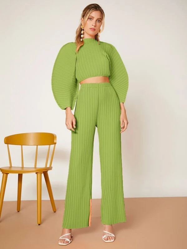 CM-TS411611 Women Casual Seoul Style Solid Batwing Sleeve Ribbed Knit Blouse - Green