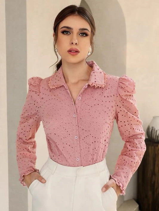 CM-TS202900 Women Casual Seoul Style Schiffy Leg-of-mutton Sleeve Button Up Blouse