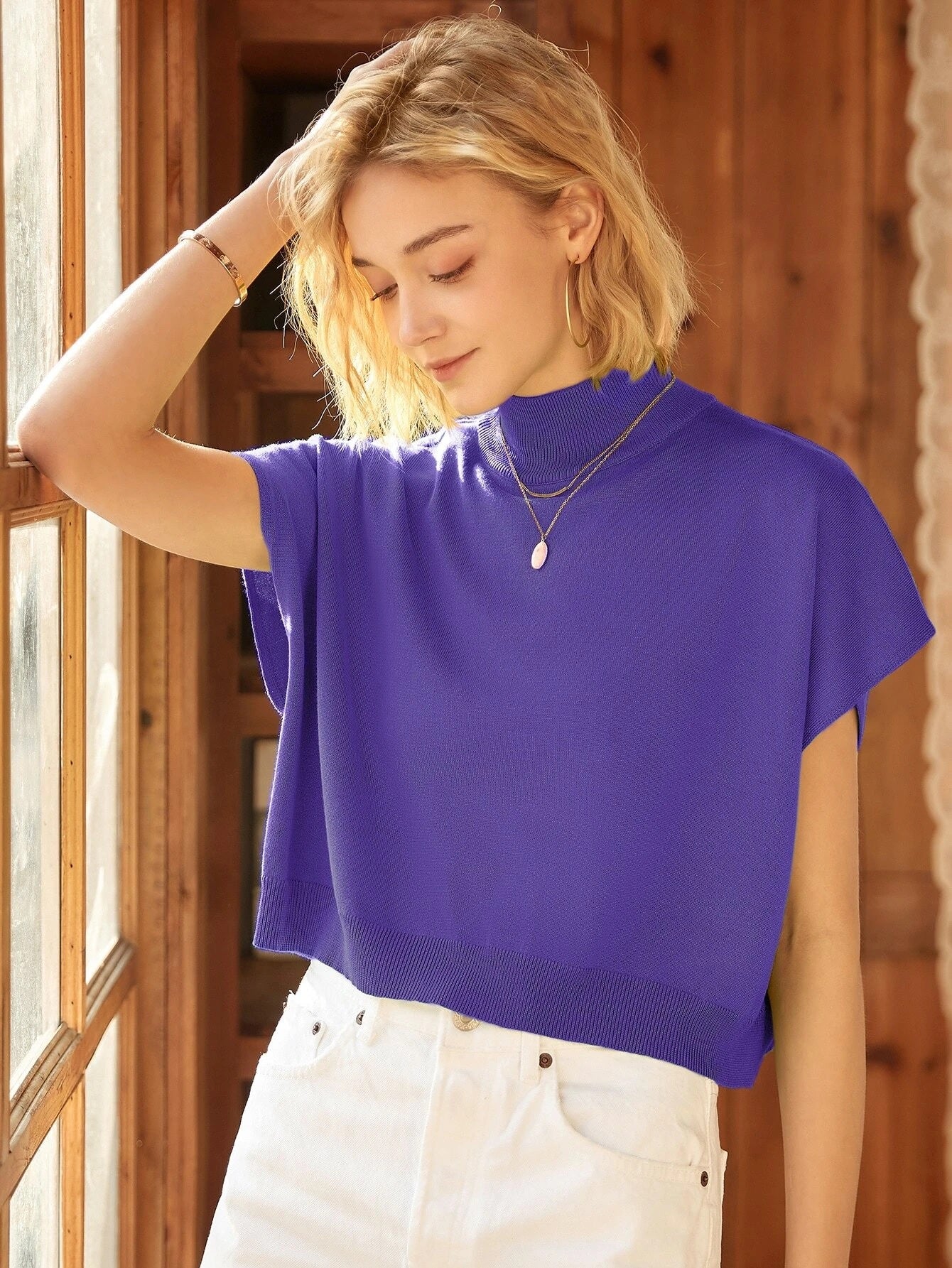 CM-TS666324 Women Casual Seoul Style Knit Mix High Neck Batwing Sleeve Knit Top - Purple