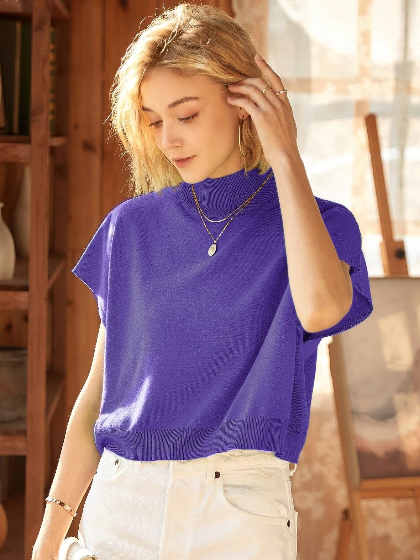 CM-TS666324 Women Casual Seoul Style Knit Mix High Neck Batwing Sleeve Knit Top - Purple