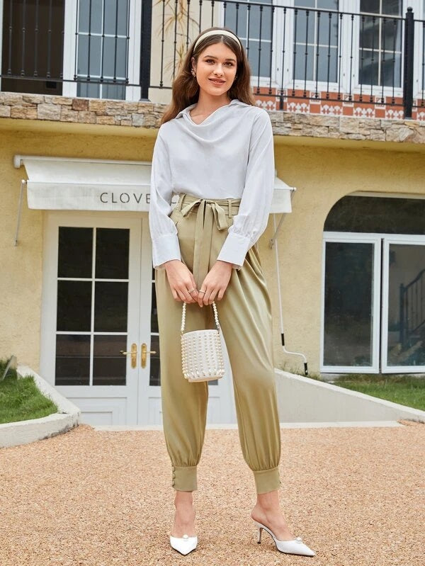 CM-BS736356 Women Elegant Seoul Style High Waist Plicated Detail Belted Pants