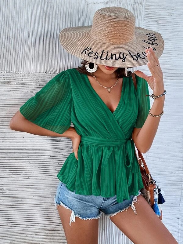 CM-TS290187 Women Casual Seoul Style Surplice Neck Belted Ruffle Hem Top - Green