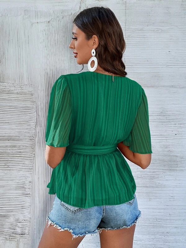 CM-TS290187 Women Casual Seoul Style Surplice Neck Belted Ruffle Hem Top - Green