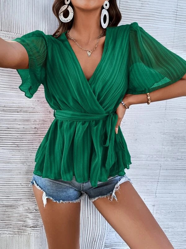 CM-TS290187 Women Casual Seoul Style Surplice Neck Belted Ruffle Hem Top - Green